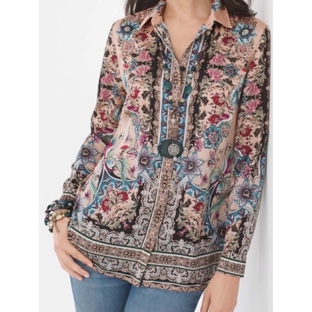 Chico's Womens Medium Floral Paisley Blouse Hidden Placket Long Sleeve Boho Top